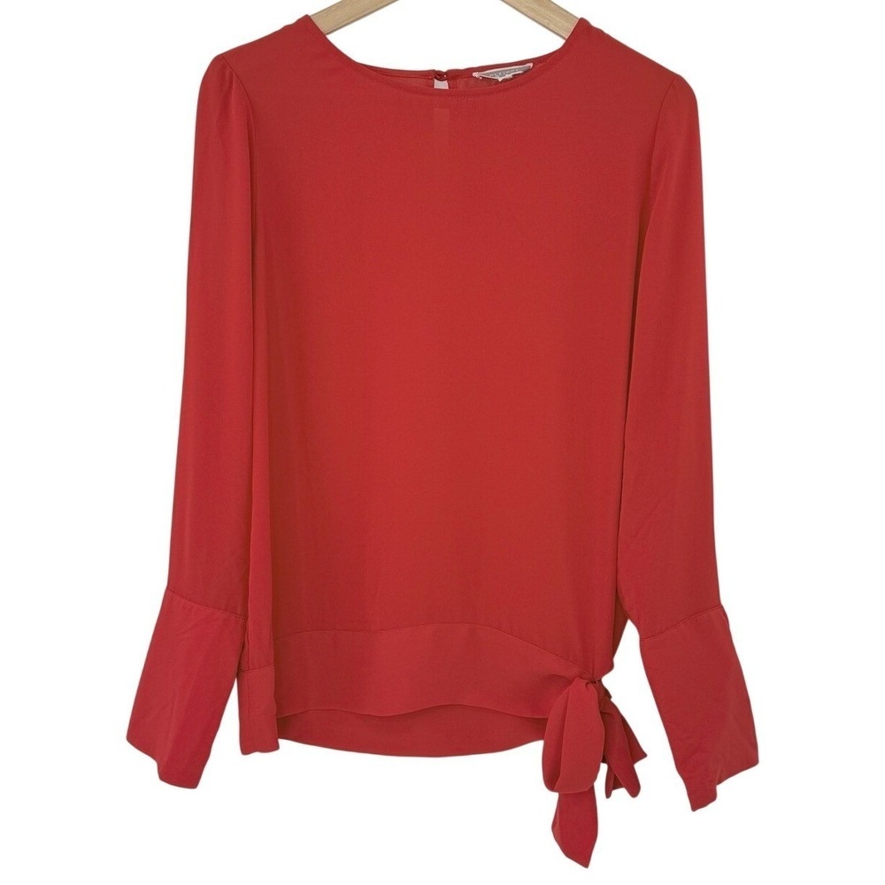Pleione Red  Cuffed Sleeve Chiffon Back‎ Button Tie Waist Blouse Sz Sm Secretary